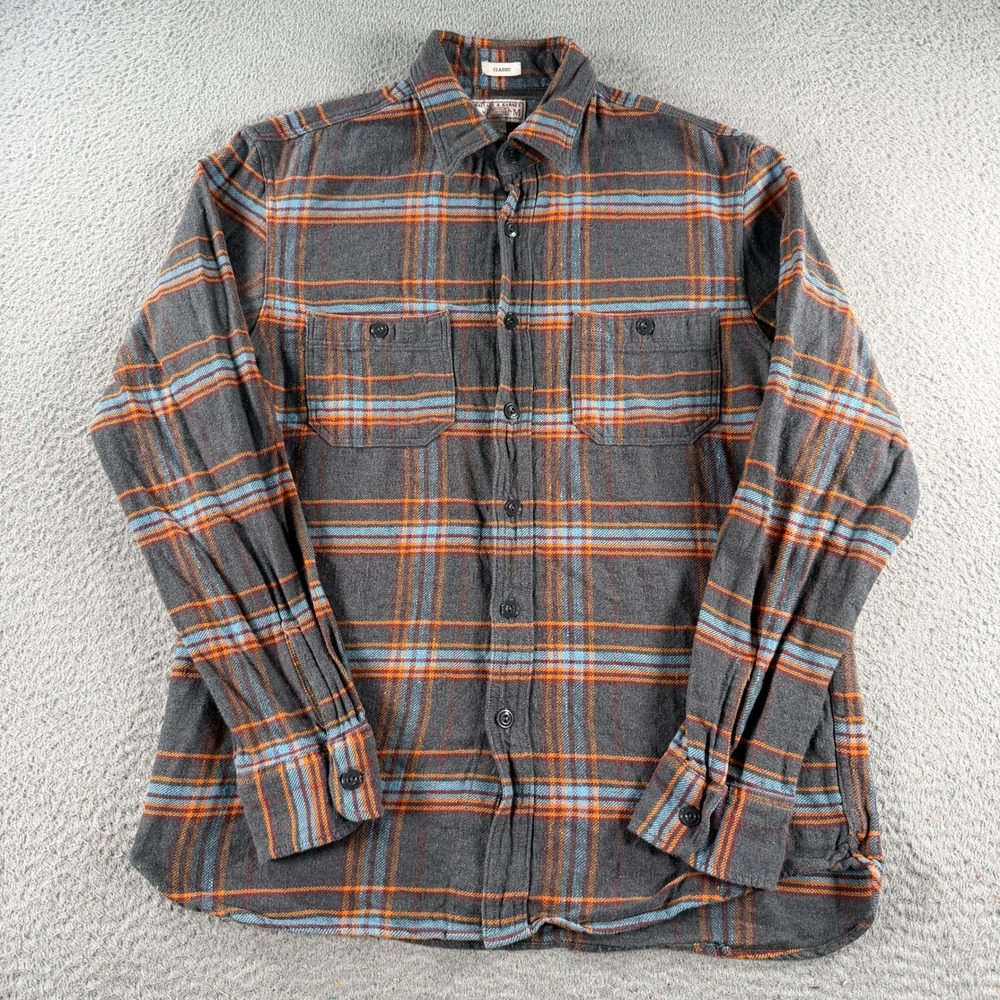 Wallace & Barnes Flannel Shirt Men Medium Grey Orange Plaid Cotton Classic Fit